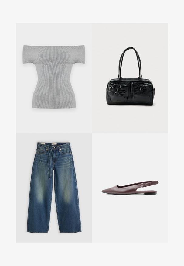 Top de punto acanalado de manga corta con escote de hombros descubiertos en gris claro, con cintura ceñida y dobladillo recto.; Jeans de mezclilla de pierna ancha en azul oscuro con un diseño desgastado, que presentan una cinturilla con cordón y un estilo de cinco bolsillos.; Zapato plano burdeos con punta en pico, trasera con tira ajustable y tacón bajo sobre fondo blanco.; Bolso de mano de cuero negro con dos bolsillos frontales y detalles de lazos, con asas resistentes y una forma rectangular estructurada.