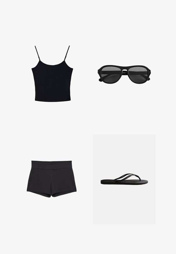 Stradivarius TOP - Débardeur - black; Shorts noirs ajustés avec une large ceinture, fabriqués dans un tissu doux et extensible. Les ourlets sont lisses sans fermetures ni motifs visibles.; Sandale tong en caoutchouc noir avec semelle texturée et fines brides en Y sur un fond blanc uni.; Lunettes de soleil à monture en plastique noir avec des verres teintés foncés et un pont étroit, vues de face sur un fond blanc.
