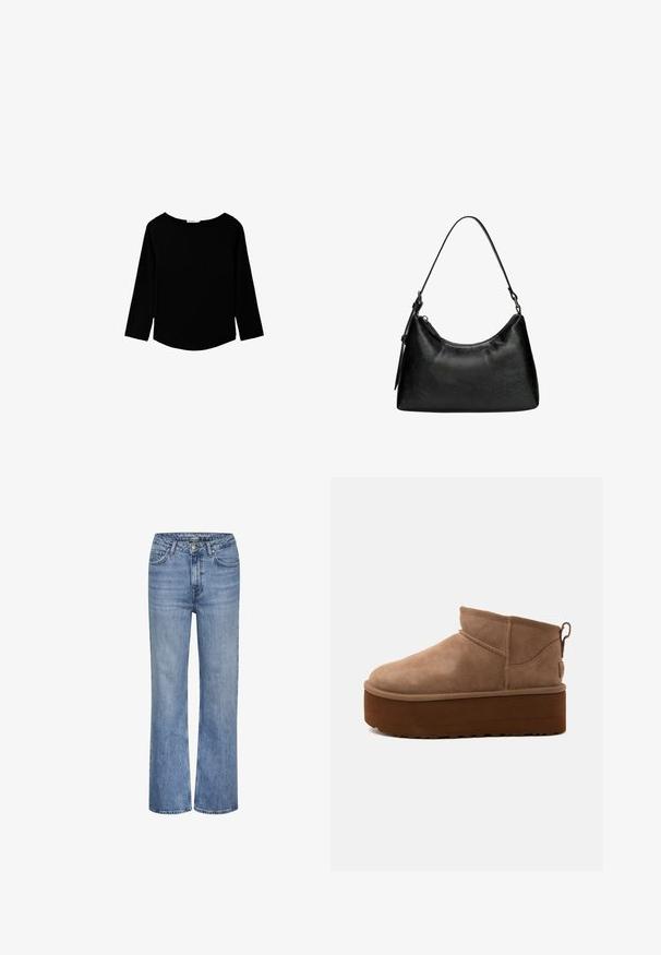 Schwarzes Langarmshirt mit rundem Halsausschnitt und leicht geschwungenem Saum, auf weißem Hintergrund dargestellt.; Blaue hoch taillierte gerade Jeans aus Denim mit vorderem Knopf, Reißverschluss und Fünf-Taschen-Design.; Brauner, halbhoher Slipper-Stiefel aus Wildleder mit dicker Plateausohle und Zuglasche hinten vor hellem Hintergrund.; Schwarze Handtasche aus synthetischem Leder mit geschwungener Form, kurzen Tragegriff, Reißverschlussverschluss und einem dezenten strukturierten Muster auf der Oberfläche.