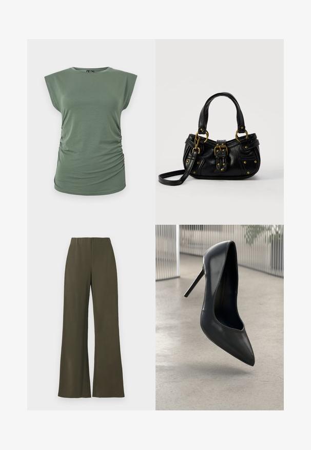 Top sin mangas de mujer en verde oliva con laterales fruncidos, escote redondo y silueta ligeramente ajustada sobre fondo blanco.; Pantalones de pierna ancha de color verde oliva con cinturilla elástica, fabricados en una tela suave y sin bolsillos, con un diseño limpio y minimalista.; Zapato de tacón alto de cuero negro con punta afilada, diseño elegante y sin herrajes visibles. Textura suave y estilo minimalista.; Bolso de cuero negro con hebilla y detalles de remaches dorados, asas cortas y una correa de hombro ajustable sobre un fondo blanco liso.