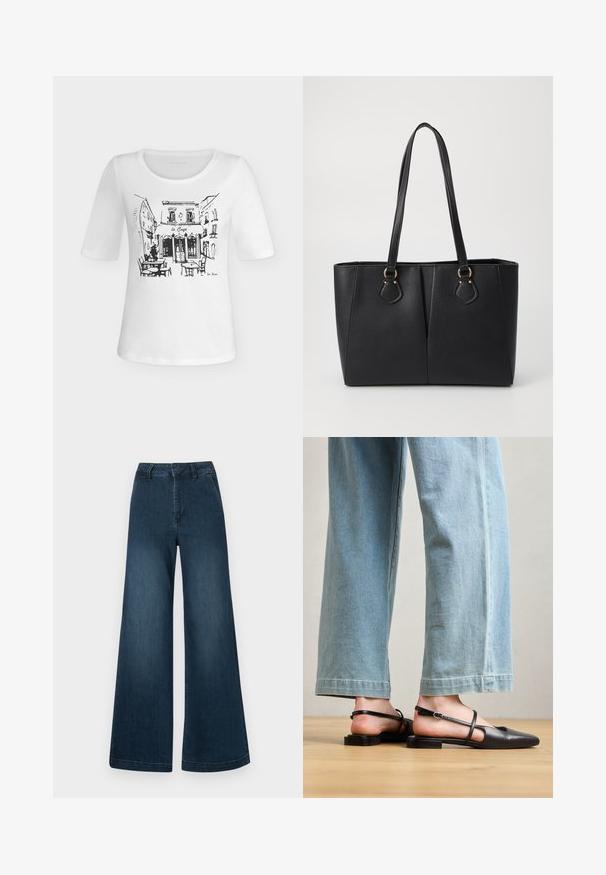 Camiseta blanca de manga corta con un boceto negro de la fachada de una cafetería, mesas al aire libre, sillas y edificios circundantes.; Jeans de mezclilla de talle alto y pierna ancha en azul oscuro, con bolsillos frontales y trabillas para cinturón, sobre un fondo blanco.; Zapatos slingback de cuero negro con punta afilada, tacón plano y tira en el tobillo; llevados con jeans de pierna ancha en azul claro.; Bolso tote de cuero sintético negro con un acabado texturizado, dos asas largas y detalles en tono dorado en el lateral. Forma rectangular.