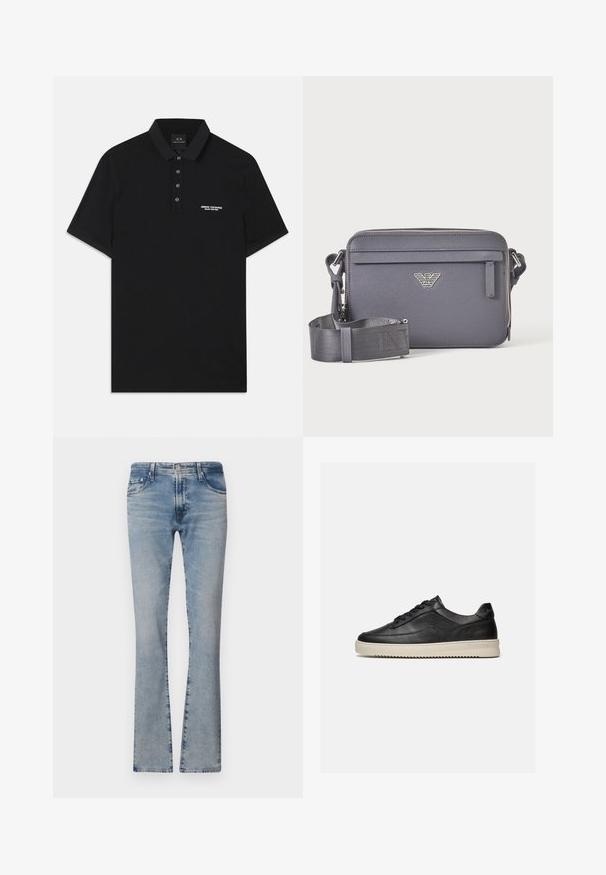 Camiseta polo negra de algodón, con un cuello estándar, una tapeta de tres botones y un pequeño logotipo blanco de "Armani Exchange" a la izquierda.; Jeans de mezclilla azul claro de pata de elefante con una cintura de altura media, cinco bolsillos y un acabado desgastado, que cuentan con una cremallera y cierre de botón de metal.; Zapatilla baja negra de cuero con cordones negros y una gruesa suela de goma color blanco roto, mostrada sobre un fondo blanco.; Bolso bandolera rectangular gris oscuro con correa ajustable, bolsillo frontal con cremallera y emblema de logo plateado.