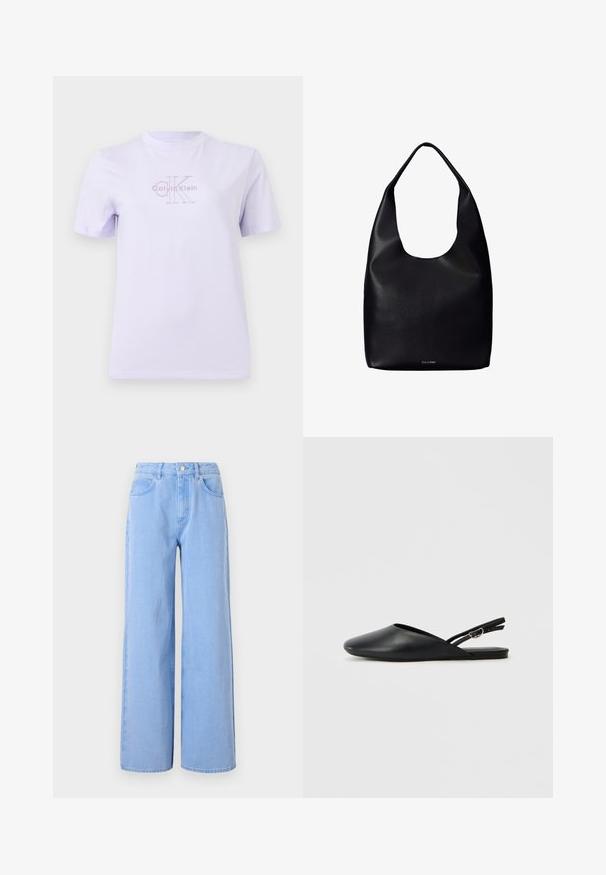 Lichtpaars T-shirt met korte mouwen en ronde hals, voorzien van een subtiel Calvin Klein-logo in het midden van de borst.; Lichtblauwe wijde denim jeans. Heeft een aangesloten taille met riemlussen en voorzakken, stiksel details en een schone zoom.; Zwarte leren slingback schoenen met een puntige neus, gebogen ontwerp en verstelbare gesp. Glad textuur, platte zool, minimale details.; Zwarte leren totebag met een enkele brede schouderriem en een subtiel Calvin Klein-logo onderaan het midden.