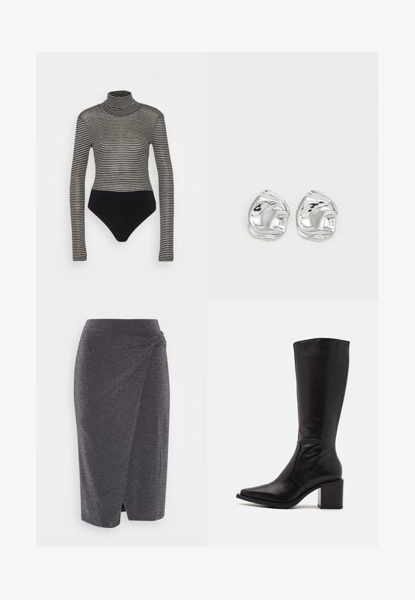 Anna Field by Zalando Langærmet T-shirt - black/beige; Mørkegrå, knælang blyantskirt i et skinnende stof med en snoet knude detalje i taljen og en sidelæg. Glat tekstur.; Zign by Zalando LEATHER - Høje støvler/ Støvler - black; Sølv abstrakte stud øreringe med en poleret finish, der har glatte kurver og subtile konturer. Ingen synlige mønstre eller accenter.