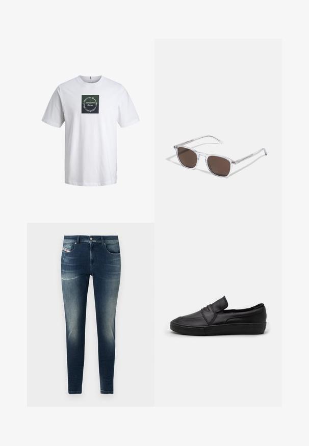 Valkoinen lyhythihainen pyöreäkauluksinen T-paita, jossa on musta neliökuvio ja valkoinen ympyrämainen teksti, jossa lukee "Jack & Jones Originals, Kööpenhamina."; Tummansiniset farkut, joissa on slim fit -leikkaus, haalistunut pesu, hieman kulumista ja klassinen viisi-taskuinen muotoilu.; Mustat liukuvat kengät, jotka on valmistettu sileästä nahasta ja joissa on ommeltu kuvio edessä sekä teksturoitu kumipohja pidon parantamiseksi.; Aurinkolasit, joissa on kirkas muovikehys ja suorakulmaiset ruskeat linssit, ohuilla läpinäkyvillä varsilla ja metallikosketuksilla temppeleissä.