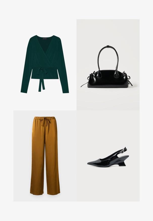 Haut en tissu vert foncé avec de longues manches, présentant un décolleté en V et un lien ajustable à la taille pour un look ajusté. Texture douce.; Pantalons larges en satin marron avec une taille élastique et un cordon de serrage. Texture lisse et design pleine longueur avec une coupe décontractée.; Chaussure slingback en cuir verni noir avec bout pointu et petit talon bloc incliné sur fond clair uni.; Petit sac à main noir brillant avec deux longues anses et des détails à cordon sur les côtés sur un fond clair uni.