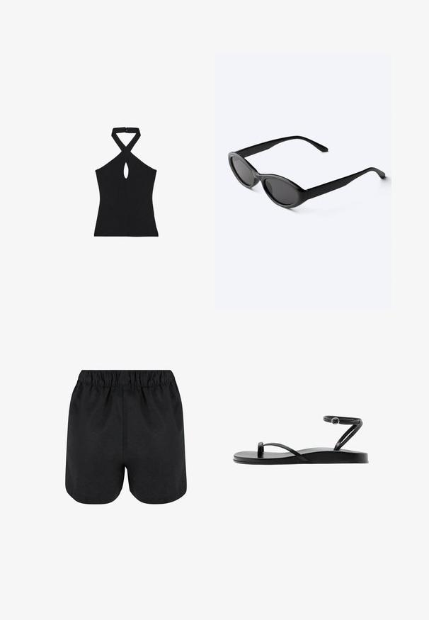 Sort ærmeløs haltertop med krydsede stropper og en lille nøglehul-udskæring foran i midten.; Sorte shorts med elastisk talje. Blødt stof, enkelt design og let afrundet kant nederst. Ingen synlige mønstre eller logoer.; Sort flad sandal med tynde remme, tåloop og anklerem med en lille rund spænde, vist i sideprofil.; Slanke sorte ovale solbriller med mørke linser og lige arme, hvilende på en hvid overflade.