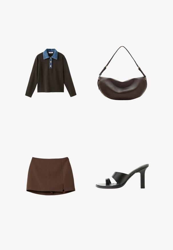 Pull-over marron à manches longues avec un col en denim bleu et trois boutons à l'avant ; présente une texture lisse et une coupe décontractée.; Mini-jupe marron en tissu lisse, avec une fente frontale, des lignes épurées et une coupe structurée. Sans poches ni détails métalliques apparents.; Sandale noire à talon haut avec une large bride sur le pied et une boucle pour l’orteil, vue de côté sur fond blanc.; Sac à bandoulière en cuir marron foncé avec une forme courbée, une sangle réglable et une fermeture éclair dorée le long du bord inférieur.