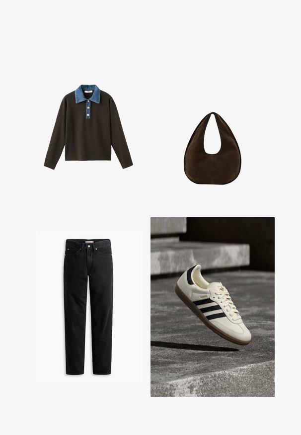 Brun langærmet pullover med en blå denimkrave og tre knapper foran; har en glat tekstur og en afslappet pasform.; Sorte straight-leg jeans med knap- og lynlåslukning, bæltestropper samt for- og baglommer, vist fladt på hvid baggrund.; Hvid Adidas Samba sneaker med sorte striber og gummsål, svævende over teksturerede grå betonstrin.; Mørkebrun ruskind skuldertaske formet som en halvmåne med en bred rem og glat tekstur på en hvid baggrund.