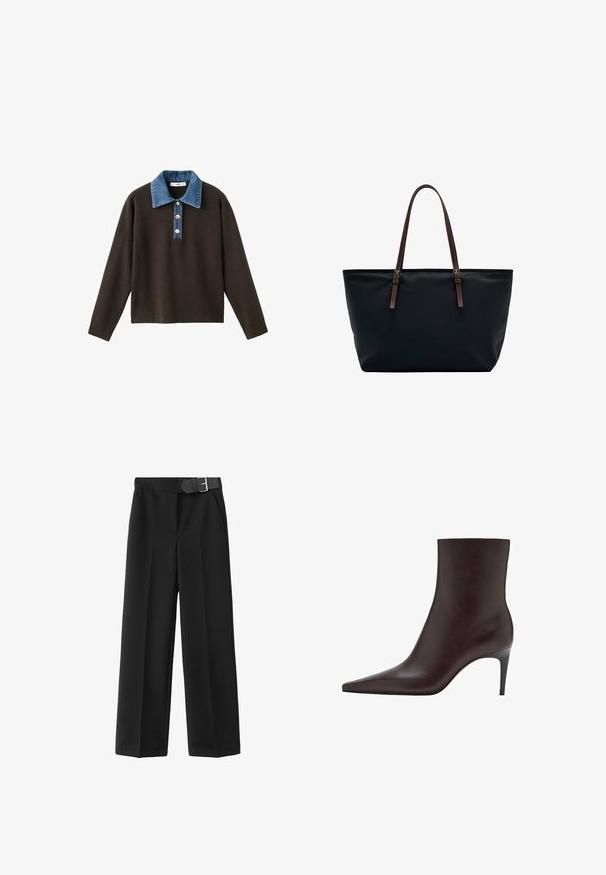 Pull-over marron à manches longues avec un col en denim bleu et trois boutons à l'avant ; présente une texture lisse et une coupe décontractée.; Pantalon noir taille haute à jambes larges avec plis à l'avant, poches latérales et ceinture noire assortie avec une boucle argentée.; Bottes en cuir marron à chevilles avec un bout pointu, tige élégante et un talon fin et haut. Texture lisse, design minimaliste, sans quincaillerie visible.; Sac cabas noir avec une finition lisse et deux longues sangles d'épaule en cuir marron avec des détails de boucle.