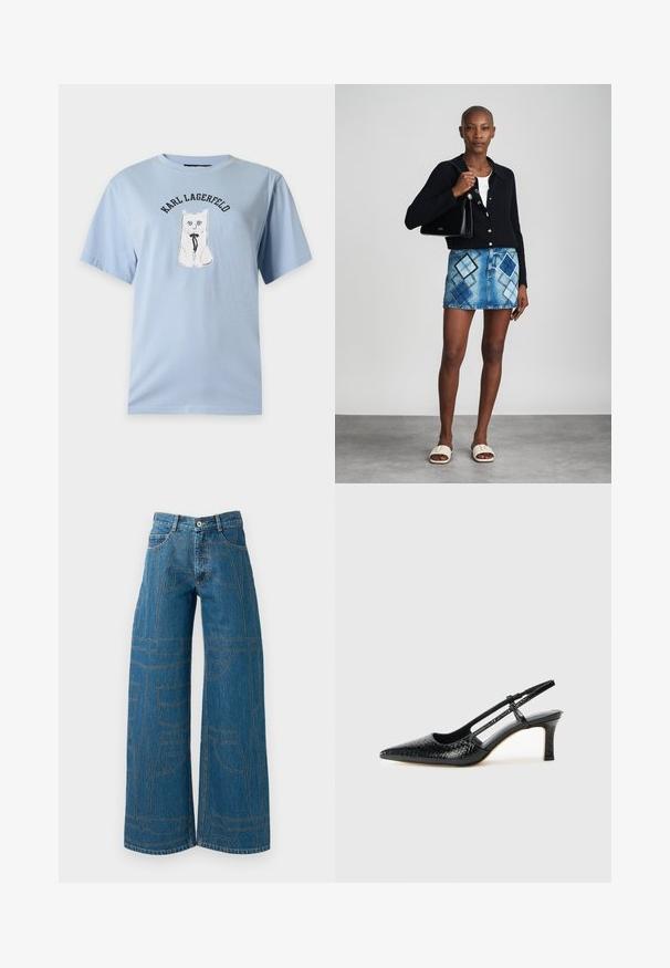 Camiseta de manga corta de color azul claro con un gato blanco que lleva un lazo negro y el texto "KARL LAGERFELD" encima del gato.; Vaqueros de pierna ancha en denim azul medio con patrones de costura en contraste y múltiples diseños de bolsillos. Cintura alta con cierre de botón.; Tacón slingback negro de charol con punta afilada, que presenta un estampado de serpiente texturizado, correa ajustable y un tacón bloque corto y texturizado.; Cárdigan negro de punto, blusa blanca, falda de mezclilla con patrón de diamantes en azul y negro, bolso negro y sandalias deslizantes beige.