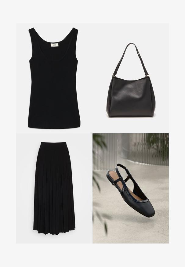 Zwarte tanktop van zacht materiaal met een ronde halslijn en brede schouderbanden. Heeft een getailleerde pasvorm en een schoon, naadloos ontwerp.; Zwarte plissé rok met een hoge, elastische tailleband. Gemaakt van zachte stof, met verticale plooien voor een vloeiende silhouet.; Zwarte leren slingback ballerina met een vierkante neus, voorzien van een glanzende lakrand en verstelbare banden voor een veilige pasvorm.; Zwarte synthetische leren handtas met een zachte textuur, hobo-vorm en dubbele schouderbanden; heeft een glanzende afwerking en een minimalistisch ontwerp.