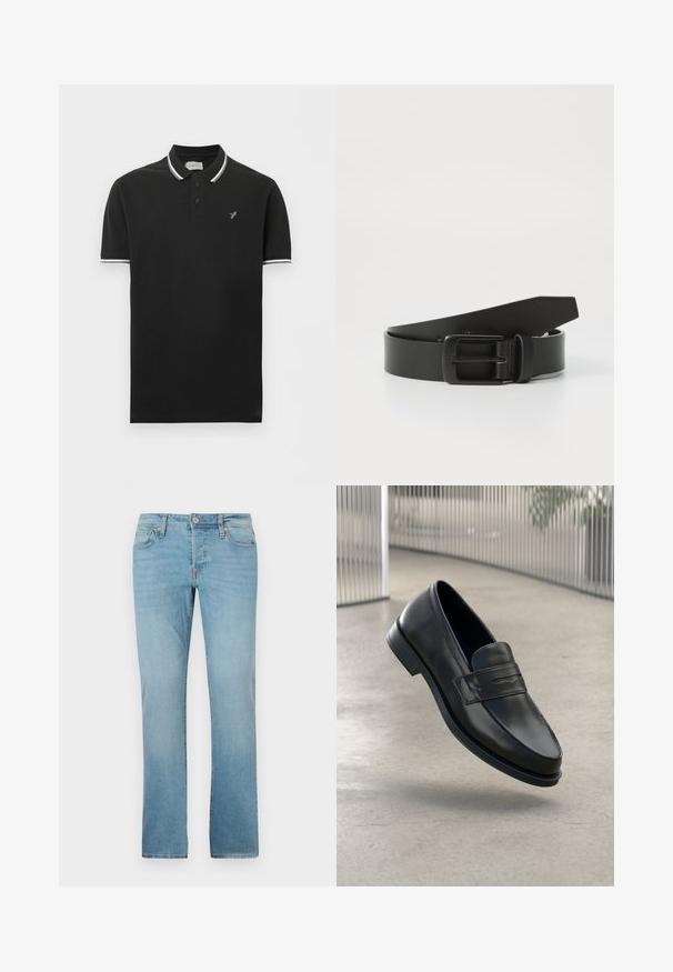 Schwarzes Polohemd mit kurzen Ärmeln, weißer Einfassung am Kragen und an den Ärmeln, Zwei-Knopf-Leiste und kleinem grauem Vogel-Logo auf der linken Brust.; Helle Blaue Jeans aus Denim mit geradem Bein, fünf Taschen, Knopfverschluss und subtiler Verblassung für Textur.; Schwarzer Lederloafer mit glatter Textur, spitzer Zehe und einem dekorativen Riemen über dem Rist. Leichte Sohle, minimalistisches Design.; Schwarzer Leder Gürtel mit einer mattschwarzen Metallschließe, ausgestattet mit einer glatten Textur und einfachem Design. Verstellbare Länge mit zulaufendem Ende.