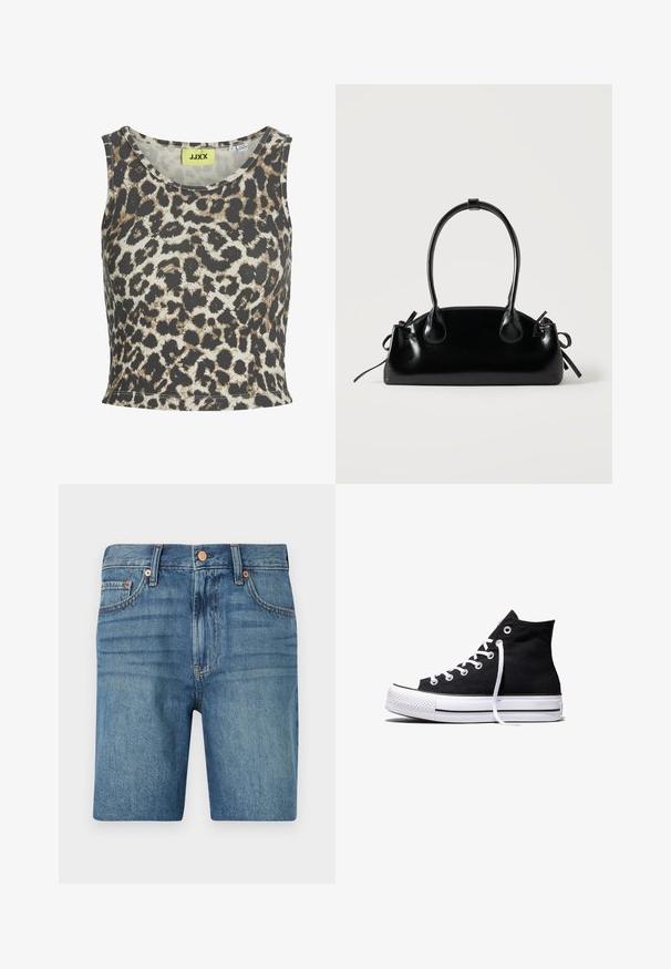 Tanktop med leopardprint i ribbet stof, med rund halsudskæring og ærmeløst design. Farvepaletten inkluderer beige, brun og sort.; Denim shorts i lyseblå med klassisk skæring, fem lommer og kobberaccent for kontrast. Tekstureret, mellemvægtigt stof.; Sort high-top canvas sneaker med hvid gummisål og hvide snørebånd, vist fra siden mod en hvid baggrund.; Lille sort blank håndtaske med to lange håndtag og snøre-detaljer i siden på en ensfarvet lys baggrund.