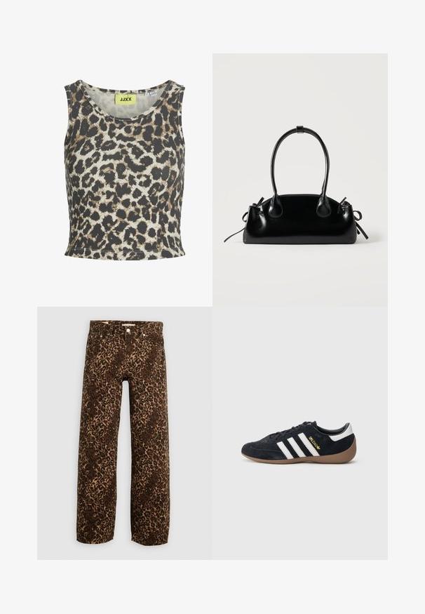 Tank top s leopardím vzorom vyrobený z rebrovanej látky, s okrúhlym výstrihom a bezrukávovým dizajnom. Farebná paleta obsahuje béžovú, hnedú a čiernu.; Džínsy s potlačou leopardieho vzoru, široké nohavice v hnedej a béžovej farbe. Vyrobené z denimu, s klasickým dizajnom piatich vreciek a kovovými detailmi.; Čierna semišová teniska s tromi bielymi pruhmi, gumovou podrážkou a malým zlatým logom na boku. Má hladkú čiernu vnútornú podšívku.; Malá čierna lesklá kabelka s dvoma dlhými rúčkami a bočnými šnúrkovými detailmi na jednoduchom svetlom pozadí.