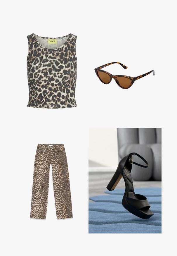 Tanktop med leopardprint i ribbet stof, med rund halsudskæring og ærmeløst design. Farvepaletten inkluderer beige, brun og sort.; Leopardskindede denimjeans med en neutral beige og brun farvepalet, lige ben-design og traditionelle lomme-detaljer.; Sort højhælet sandal med firkantet snude, justerbar ankelrem, polstret tekstur og en blokhæl med gulddetaljer.; Kat-ejede solbriller med en sort og orange skildpaddemønstret stel, brune linser og slanke, spidse ender. Har et minimalistisk logo på skabelsen.