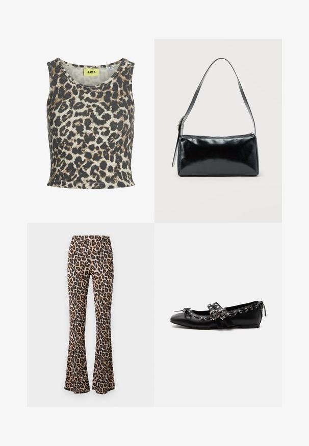Top sin mangas de tela acanalada con estampado de leopardo, que presenta un escote redondo. La paleta de colores incluye beige, marrón y negro.; Pantalones acampanados de estampado de leopardo en tono marrón y negro, hechos de una tela suave con una textura lisa, con una cintura ajustada y un dobladillo acampanado.; Zapato de ballet plano negro con correas de doble hebilla, ojales plateados y un pequeño lazo cerca de la puntera redondeada sobre un fondo blanco.; Bolso de hombro rectangular negro con una correa ajustable y un cierre de cremallera superior sobre un fondo liso.