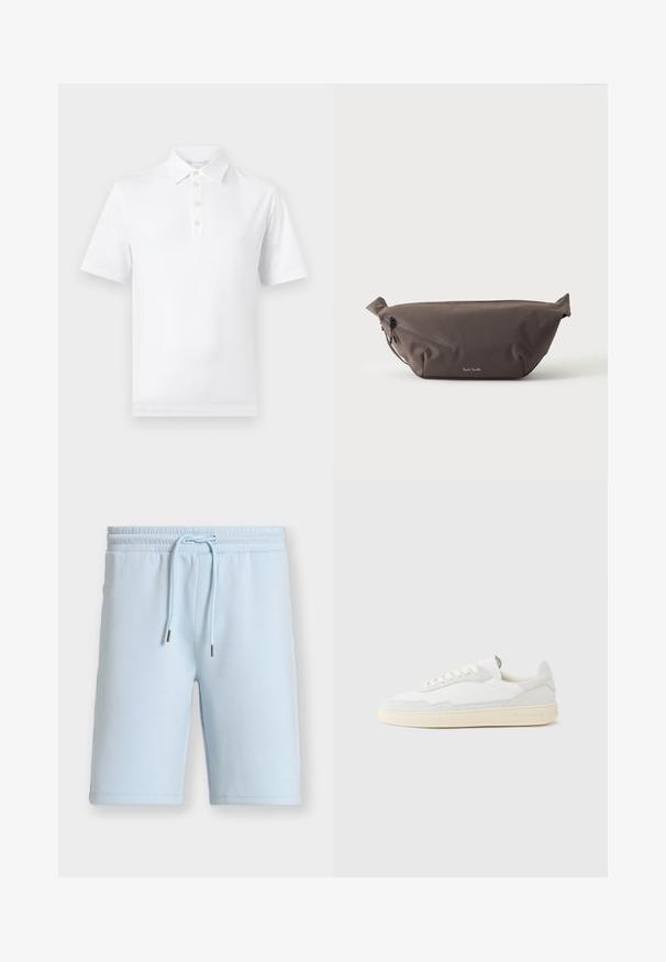 Polo blanc à manches courtes avec un col classique et quatre boutons beige sur la patte de boutonnage, présenté sur un fond clair.; Shorts bleu clair longueur genou avec taille élastique et cordon, avec un texte embossé discret près de l’ourlet inférieur sur la jambe gauche.; Baskets blanches avec dessus en daim et cuir texturé. Caractérisées par un bout arrondi, une fermeture à lacets et une semelle en caoutchouc beige contrastante.; Sac banane en tissu marron foncé avec poche zippée en diagonale et petit logo blanc sur le devant, sur un fond clair uni.