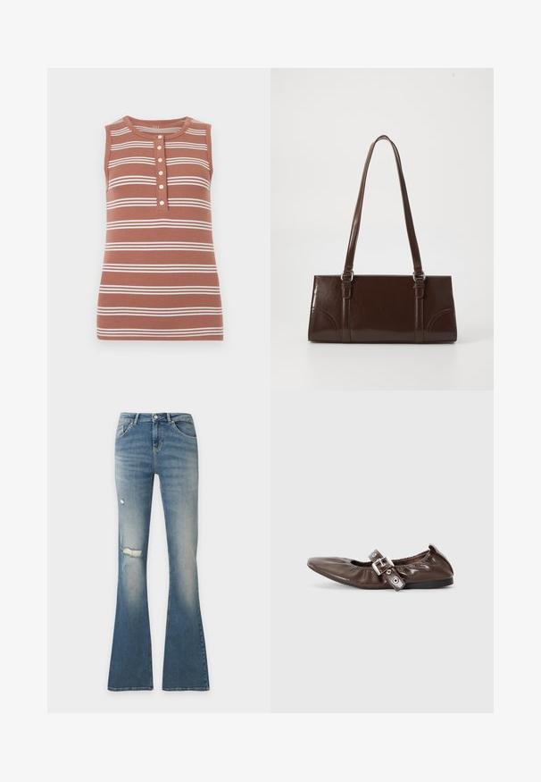 Ærmeløs ribbet tanktop med horisontale hvide striber på rustfarvet baggrund, rund halsudskæring og fem beige knapper ned langs fronten.; Blå denim flare-jeans med slidte detaljer på venstre lår og knæ, frontknap og femlommers-design.; Brun lakeret flad sko med spids tå, elastisk sløjfedetalje og en sølvspændeaccent på siden. Sort gummisål.; Brun lakeret håndtaske med rektangulær form, to lange håndtag og subtile buede detaljer på fronten.