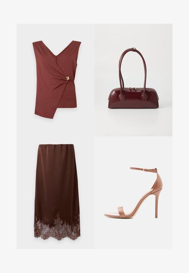 Top sans manches marron avec un ourlet asymétrique et un fermoir décoratif en or sur le côté.; Jupe en satin marron avec bord festonné en dentelle, coupe droite et taille élastique, présentée sur un fond blanc uni.; Sandales à talons en cuir verni nude avec une fine bride à la cheville, design à bout ouvert et talon aiguille. Texture lisse et style minimaliste.; Sac à main en cuir bordeaux avec une forme courbée, deux poignées, fermeture éclair et détails de couture subtils. Fini lisse et brillant.