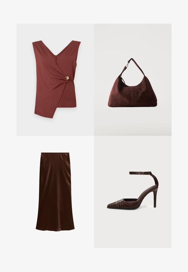 Top sans manches marron avec un ourlet asymétrique et un fermoir décoratif en or sur le côté.; Jupe midi en satin marron avec une texture lisse et une silhouette évasée, présentée sur un fond blanc.; Chaussure à talon haut en cuir marron avec bout pointu, trois petites boucles argentées sur le devant et bride de cheville réglable avec boucle.; Sac bandoulière en daim marron doux avec une seule lanière et des accessoires métalliques argentés sur un fond clair uni.