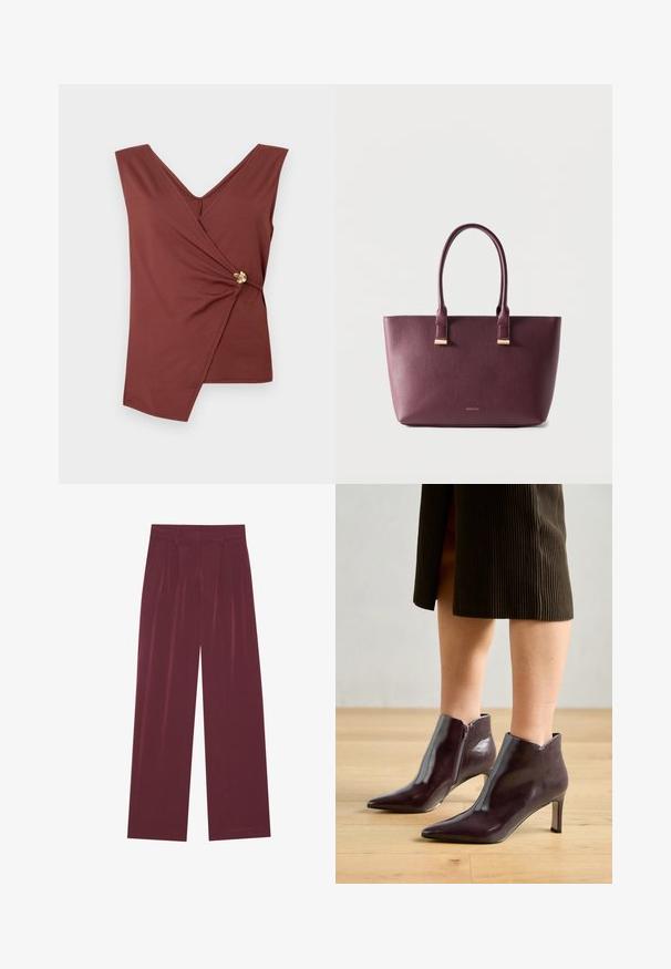Mouwloze bruine wikkeltop met een asymmetrische zoom en een gouden decoratieve sluiting aan de zijkant.; Bordeaux wijde broek met voorplooien, zijzakken, riemlussen en een verborgen sluiting aan de voorkant.; Bordeaux leren enkel laarzen met een spitse neus en slanke hak. Beschikt over een zijrits en een gladde, glanzende textuur.; Donkerpaarse leren shopper met twee handvatten en klein gouden merkembleem aan de voorkant, afgebeeld tegen een effen lichte achtergrond.
