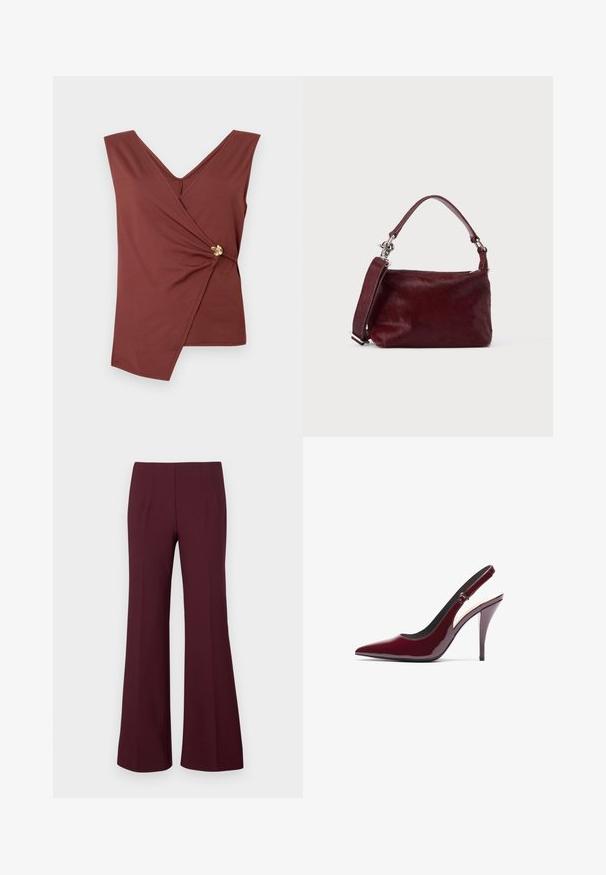 Top sans manches marron avec un ourlet asymétrique et un fermoir décoratif en or sur le côté.; Pantalons évasés bordeaux taille haute avec pinces à l'avant et coupe ajustée, présentés sur fond blanc.; Escarpin à talon aiguille en cuir verni bordeaux avec un bout pointu et une texture lisse et élégante. Détail de sangle ajustable.; Petit sac à main rectangulaire bordeaux avec finition texturée, poignée courte et bandoulière amovible sur un fond clair uni.