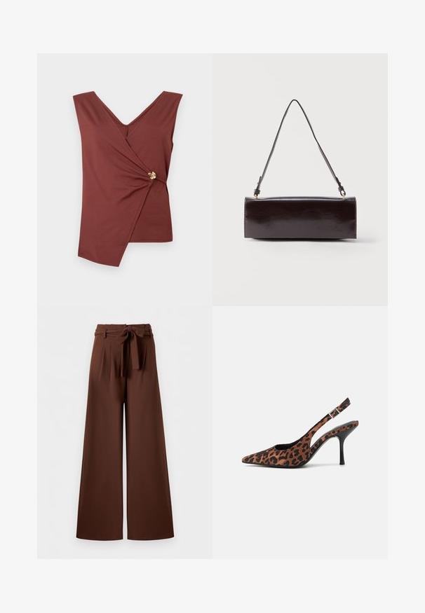 Top marrón sin mangas con dobladillo asimétrico y un broche decorativo dorado en el lateral.; Pantalones marrones de pierna ancha y cintura alta, con pliegues y un cinturón de tela anudado en un lazo en la cintura.; Tacones altos de salón con estampado de leopardo, punta afilada, tacón negro brillante y correa ajustable en el tobillo. Material suave con un acabado texturizado.; Bolso rectangular de cuero negro con una sola correa larga y acabado brillante, exhibido sobre un fondo blanco liso.