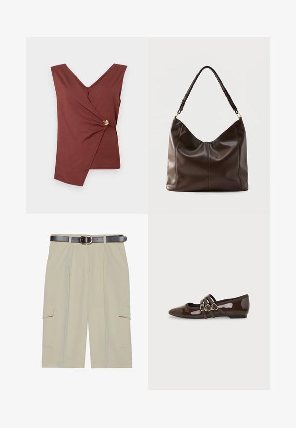 Ärmelloses braunes Wickeltop mit asymmetrischem Saum und einem goldenen dekorativen Verschluss an der Seite.; Beige Cargo-Shorts mit entspanntem Schnitt, ausgestattet mit zwei seitlichen Taschen und einem braunen Gürtel mit runder Schnalle, glatte Stoffstruktur.; Brauner Lackleder-Flachschuh mit spitzer Zehenpartie und drei verstellbaren Schnallenriemen an der Seite, von der Außenseite gezeigt.; Dunkelbraune Leder-Schultertasche mit geflochtenem Griff und sichtbaren Nahtdetails auf der Vorderseite.