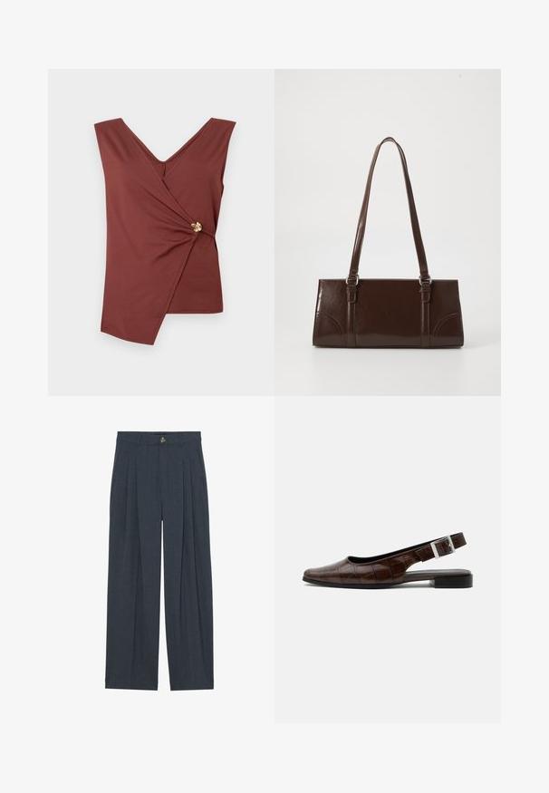 Top sans manches marron avec un ourlet asymétrique et un fermoir décoratif en or sur le côté.; Pantalons larges en tissu texturé gris foncé, avec des plis avant, une fermeture à bouton et des poches latérales pour plus de fonctionnalité.; Chaussure plate slingback en cuir marron foncé avec bout carré, texture crocodile et boucle argentée sur la bride.; Sac à main en cuir verni marron de forme rectangulaire, avec deux longues poignées et des accents courbés subtils à l'avant.