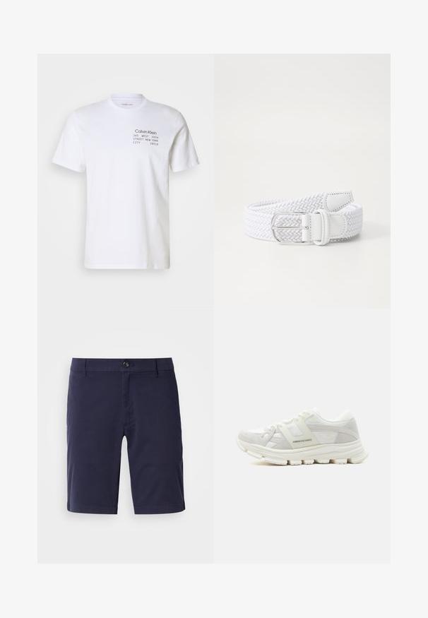Weißes Baumwoll-T-Shirt mit kurzen Ärmeln, Rundhalsausschnitt und aufgedrucktem Text: "Calvin Klein 205 WEST 39TH STREET NEW YORK CITY 10018."; Marineblaue Shorts mit flachem Frontschnitt, Knopfverschluss und seitlichen Taschen. Hergestellt aus leichtem Stoff mit glatter Textur.; Weißer Sneaker mit niedrigem Schaft, strukturierter Sohle, Mesh- und Velourslederdetails, Schnürverschluss und „Armani Exchange“-Branding an der Seite.; Weißer geflochtener Gürtel aus elastischem Material, mit einer silbernen Metallschnalle und Lederakzenten, glatter Textur und flexibler Bauweise.