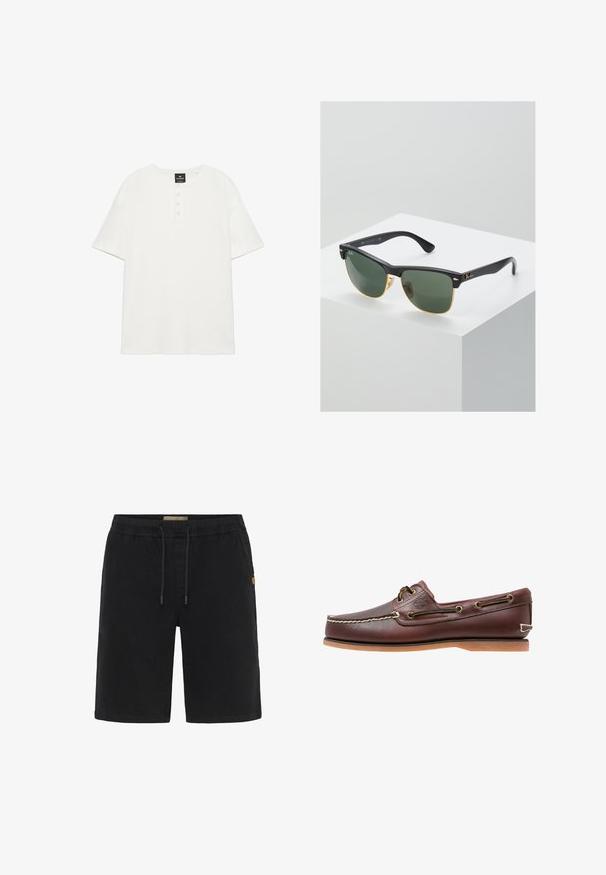 T-shirt Henley blanc à manches courtes avec col rond et quatre boutons blancs sur la patte de boutonnage avant.; Shorts noirs avec cordon de serrage, taille élastique, deux poches latérales et une petite étiquette de marque sur la jambe droite. Matière en coton.; Chaussure bateau en cuir marron avec coutures blanches, détails de lacets et semelle en caoutchouc beige, vue de côté sur fond blanc.; Lunettes de soleil Ray-Ban avec des verres verts, monture en plastique noir et accents dorés sur les bords. Forme carrée avec une finition mate.