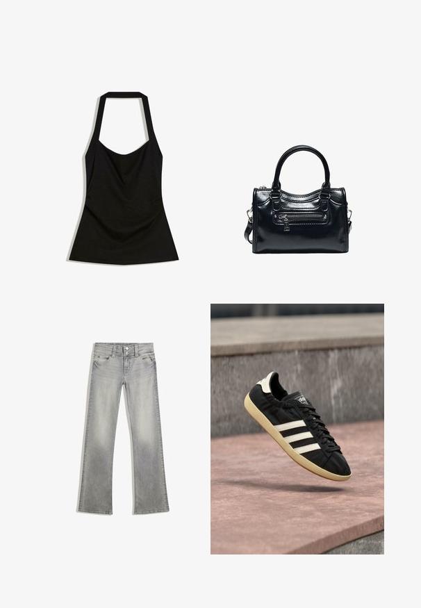 Haut noir sans manches à col licou avec un décolleté carré et un ourlet légèrement évasé.; Jeans flare en denim gris avec une finition délavée, dotés d'une fermeture à bouton, de cinq poches et de coutures le long de la taille et de l'ourlet.; Baskets Adidas noires avec des bandes blanches et une semelle beige, capturées en plein air au-dessus d'une surface en pierre et d'un mur en pierre en arrière-plan.; Sac à main en cuir noir brillant avec deux poignées, poche avant zippée et bandoulière amovible sur fond blanc.