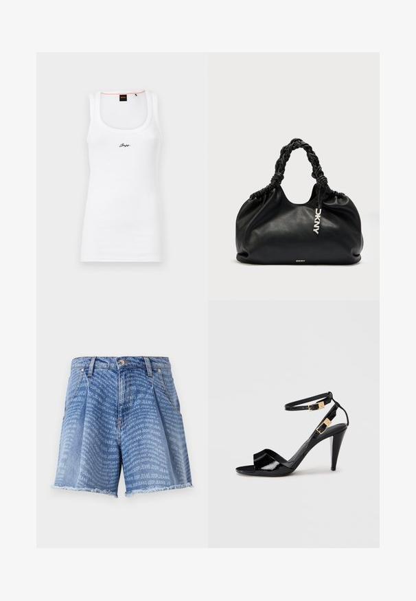 Valge puuvillane tank top rõhutatult ribatud tekstuuriga, ümarate kaelustega ning esiküljel väike must tikandiga logo.; Heledsinine teksaseelik, millel on pleekinud pesu ja korduv "JOOP! JEANS" trükk. Kulunud äär lisab tekstuuri.; Mustra musternahkade musta nahk sandaal kõrgete kontodega, topelt pahkluu rihmade ja kuldsete pandlatega, avatud varvastega ja kitsaste kergelt koonusjate kontidega neutraalsel taustal.; Mustast nahast käekott pehme, vajuvate vormidega, punutud sangade ja logoga lipikuga. Omab kortsutatud ülemist serva ja siledat tekstuuri.
