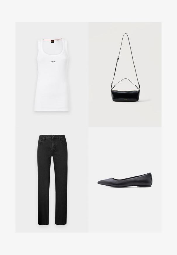 Hvid bomulds tanktop med ribbet tekstur, der har en rund halsudskæring og et lille sort broderet logo på forsiden.; Sorte straight-leg jeans lavet af denim, med et klassisk fem-lomme design, knaplukning og bæltestropper. Glat tekstur.; Sort flad lædersko med spidst tåparti og lav hæl, vist i sideprofil mod en hvid baggrund.; Sort rektangulær læder crossbody-taske med justerbar skulderrem, top lynlås og lille gyldent Calvin Klein-logo foran.