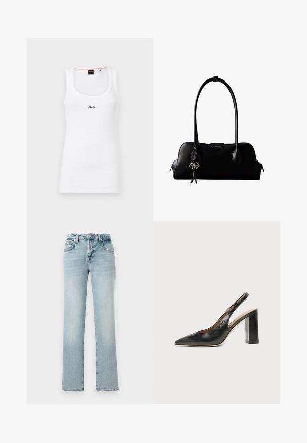 Hvid bomulds tanktop med ribbet tekstur, der har en rund halsudskæring og et lille sort broderet logo på forsiden.; Lyseblå denimjeans med lige ben, der har fem lommer, en knap- og lynlåslukning samt subtilt slid for et brugt look.; Sort læder peep-toe slingback sko med høj blokhæl og beige indvendig foring mod en ensfarvet lys baggrund.; Sort lædertaske fra Calvin Klein med lange håndtag, en forside-logo-tag og en sølv geometrisk vedhæng, der hænger fra det ene håndtag.
