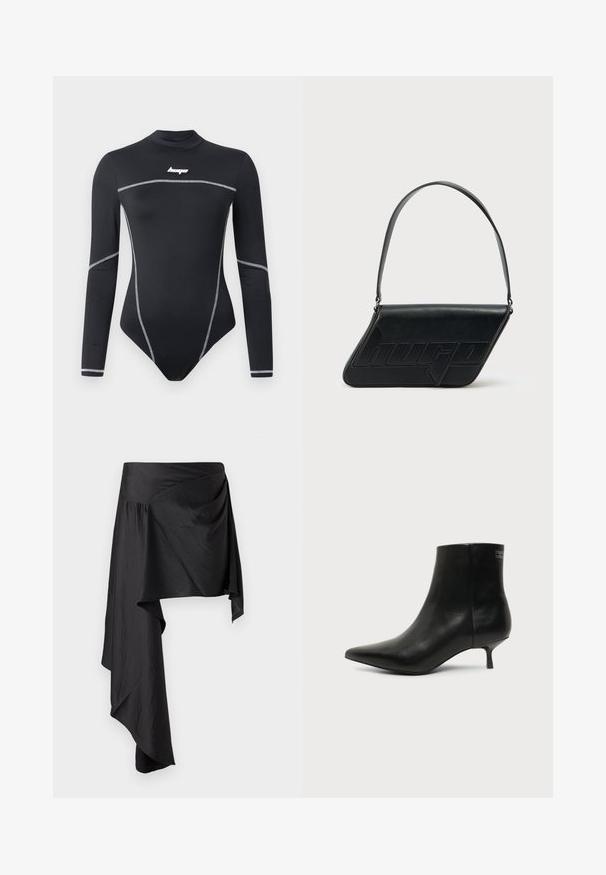 Bodysuit negro de manga larga hecho de un material elástico, con costuras en blanco en contraste y un cuello alto con un pequeño logo en el pecho.; Falda negra envolvente hecha de tela suave y ligera. Presenta un dobladillo asimétrico y detalles fruncidos en la cintura para una silueta fluida.; Botín de piel negra con puntera puntiaguda y tacón bajo estilo kitten sobre fondo claro, mostrando vista lateral exterior.; Bolso de hombro de cuero negro con forma triangular, logo en relieve y una sola correa ajustable. Diseño minimalista con textura suave.