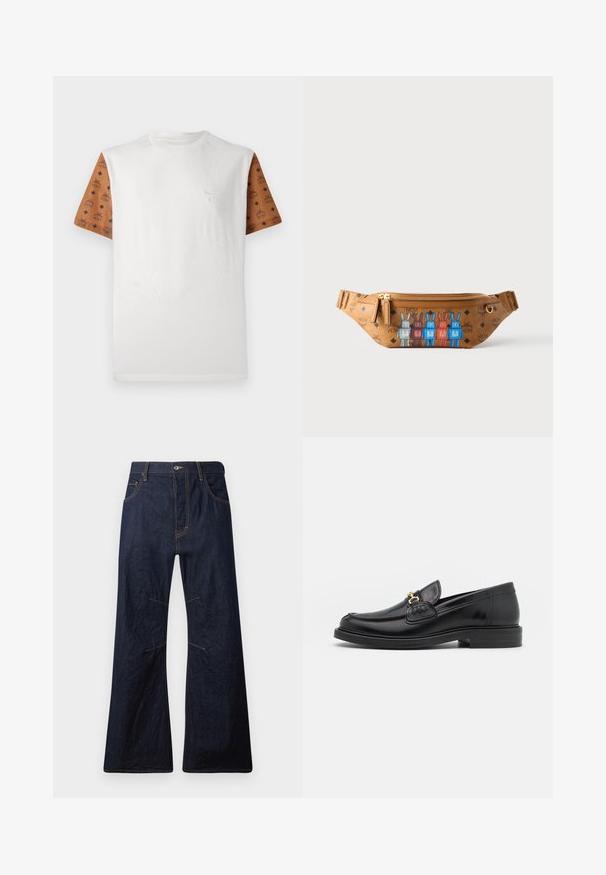 Kurzarm-T-Shirt mit einem weißen Körper und gemusterten braunen Ärmeln, die ein sich wiederholendes Design in Schwarz aufweisen. Detailliertes Logo auf der Brust.; Dunkelblaue Denim-Jeans mit weiter Hose, gelben Nähten, fünf Taschen und einem Reißverschluss. Enthält horizontale Nähte über den Knien.; Schwarze Lederleter mit einer abgerundeten Zehenpartie, ausgestattet mit goldenen Hardwareakzenten und Stichdetails, auf einer niedrigen, strukturierten Gummisohle.; Braune Leder-Bauchtasche mit Reißverschluss. Auf der Vorderseite befinden sich vier bunte Hasenmotive, durchgehend mit MCM-Logomustern verziert.