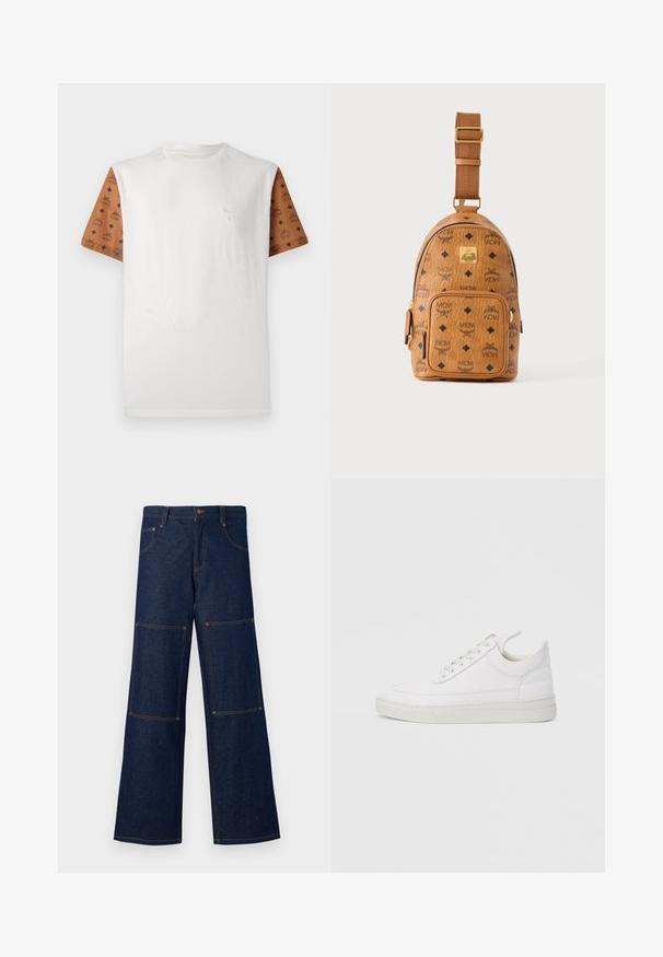 T-shirt à manches courtes avec un corps blanc et des manches marron à motif présentant un design répétitif en noir. Logo détaillé sur la poitrine.; Pantalons larges en denim bleu foncé avec des coutures contrastantes orange, dotés de grandes poches plaquées sur chaque jambe et d'une fermeture à bouton à la taille.; Baskets en cuir blanc avec un embout arrondi, une semelle plate et un laçage à l'avant. Présentent des détails de couture et un col rembourré pour plus de confort.; Petit sac bandoulière en cuir beige avec bandoulière réglable, poche zippée à l'avant et motif répété du logo noir MCM.
