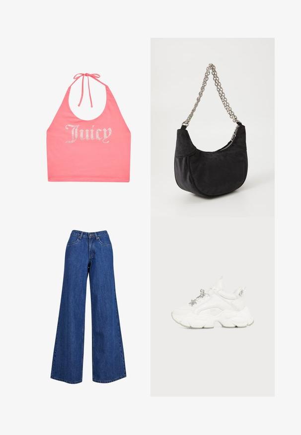 Roze haltertop met strik in de nek en strassletters die "Juicy" aan de voorkant spellen.; Brede denim jeans in medium blue, met een hoge taille, contrasterende stiksels en een klassiek vijf-pocket ontwerp.; Witte chunky sneaker met dikke getextureerde zool, zilveren hangertjes in de vorm van een ster en vlinder aan de veters, en zilveren studs op het hielstuk.; Juicy Couture KIMBERLY SMALL HOBO - Handtas - black