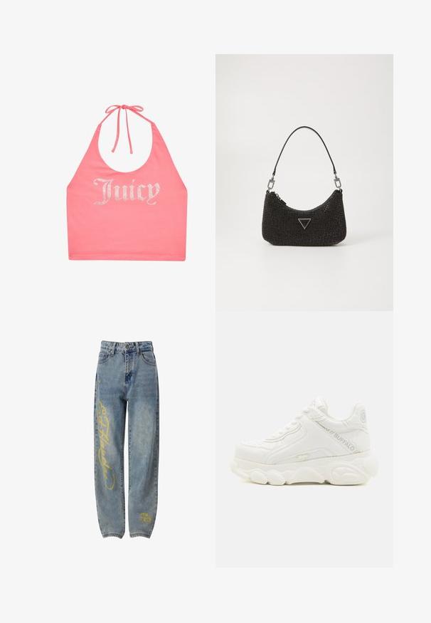 Top dos nu rose avec lien au cou et lettrage en strass épelant "Juicy" sur le devant.; Jean en denim bleu à coupe ample, avec des motifs graphiques jaunes sur la jambe gauche et un petit motif près de l'ourlet inférieur.; Basket blanche épaisse avec semelle épaisse, design à lacets, et marquage "Buffalo" sur le côté et le talon.; Sac à main en perles noires, de forme courbée, avec une seule sangle en cuir, un détail logo triangulaire et une fermeture éclair.