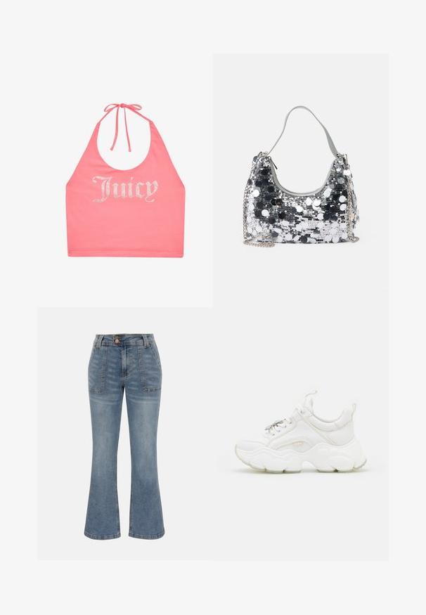 Roze haltertop met strik in de nek en strassletters die "Juicy" aan de voorkant spellen.; Blauwe denim jeans met hoge taille, voorzakken met patch, knoop- en ritssluiting en een licht uitlopende broekspijpsilhouet.; Witte chunky sneakers van leer en mesh-materialen, met een dikke zool, ronde neus en decoratieve veters. Licht gemêleerde accenten.; Zilveren pailletten handtas met een ronde vorm, een zachte handgreep en een zilveren kettingriem. Beschikt over een ritsafsluiting en reflecterende accenten.