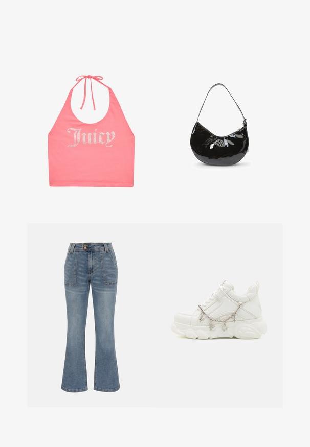 Roze haltertop met strik in de nek en strassletters die "Juicy" aan de voorkant spellen.; Blauwe denim jeans met hoge taille, voorzakken met patch, knoop- en ritssluiting en een licht uitlopende broekspijpsilhouet.; Witte sneakers met een dikke zool, een gestructureerde leren bovenkant en een decoratieve metalen ketting met bedels. Voorzien van vetersluiting en een gevoerd kraagje.; Zwarte gepatineerde leren handtas met een gebogen vorm, enkele schouderriem, ritssluiting en een decoratieve metalen logo. Gladde textuur.
