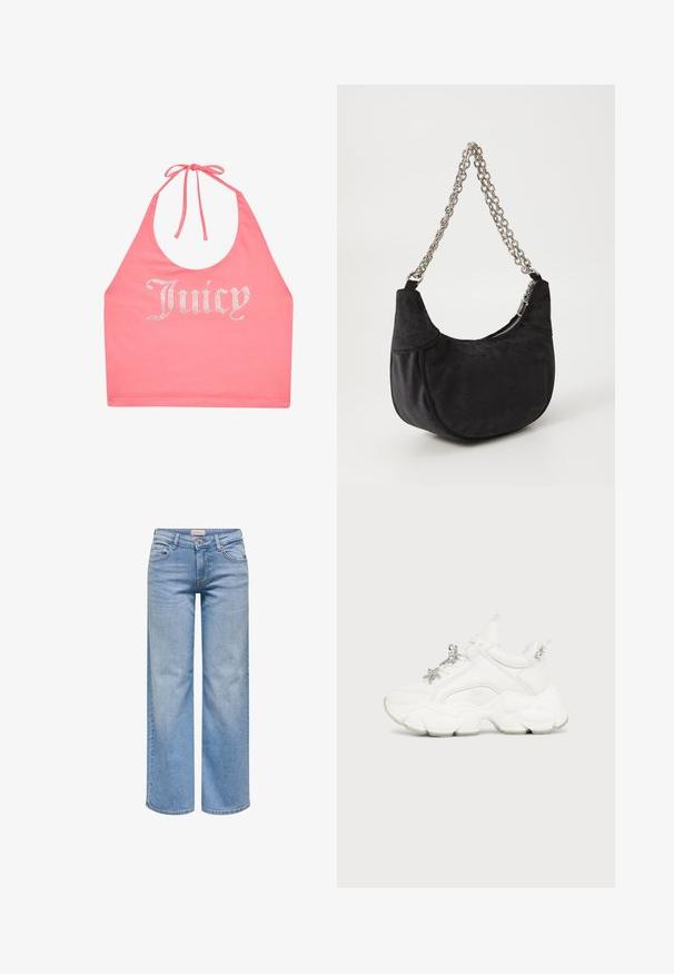 Roze haltertop met strik in de nek en strassletters die "Juicy" aan de voorkant spellen.; Lichtblauwe jeans met wijde pijpen, vooraan knoop- en ritssluiting, voorzakken en riemlussen.; Witte chunky sneaker met dikke zool, vetersluiting aan de voorkant en zilveren ster- en kraaldecoraties op de veters en hieltab.; Juicy Couture KIMBERLY SMALL HOBO - Handtas - black