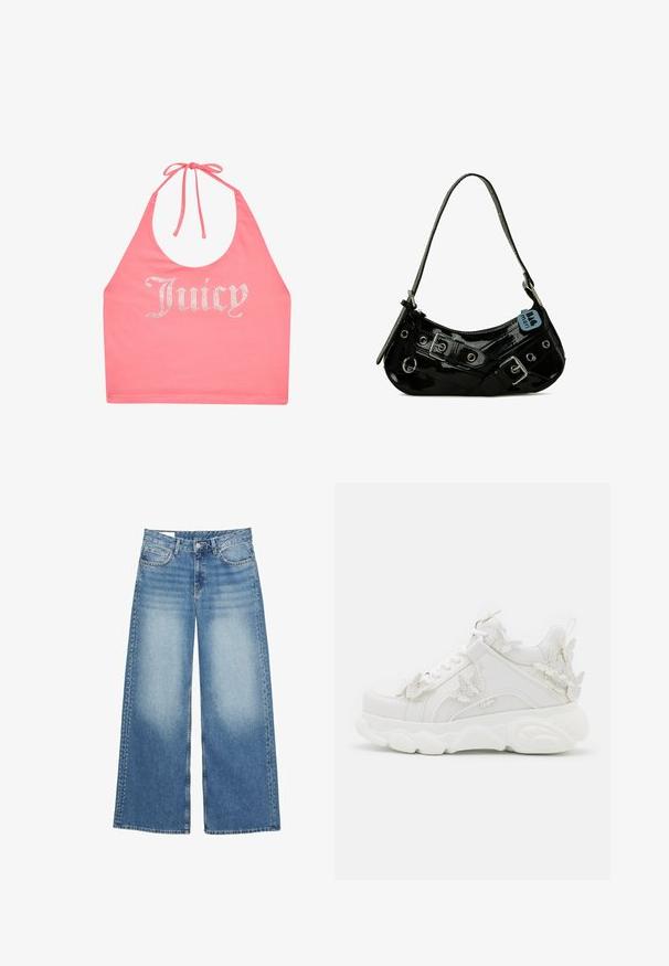 Roze haltertop met strik in de nek en strassletters die "Juicy" aan de voorkant spellen.; Lichtblauwe wijde spijkerbroek van denim. Heeft een hoge tailleband, voorzakken en decoratieve studs langs de buitennaad.; Witte chunky sneaker met dikke zool en decoratieve 3D vlinderaccenten aan de zijkant, veters en hiel.; Zwarte gepatineerde leren handtas met een gebogen vorm, voorzien van zilveren hardware, decoratieve sluitingen en een korte schouderband. Blauwe label bevestigd.