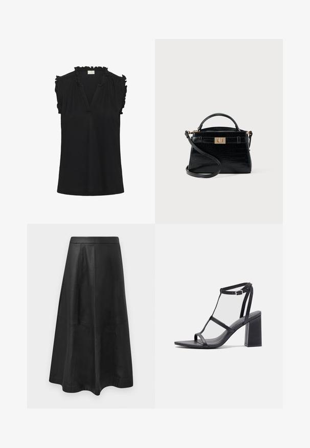 Top negro sin mangas hecho de una tela suave, con un escote en V y detalles de volantes a lo largo de los hombros. Diseño simple y estilizado.; Falda midi de cuero negro con una silueta acampanada, que presenta detalles de costura y una textura lisa. Sin herrajes o acentos visibles.; Sandalias de tacón negro con puntera cuadrada y tacón bloque. Cuentan con tiras finas y una hebilla ajustable en el tobillo. Textura de cuero suave.; Bolso pequeño negro con textura de cocodrilo, cierre de giro dorado, asa corta y correa larga para hombro desmontable sobre fondo neutro.