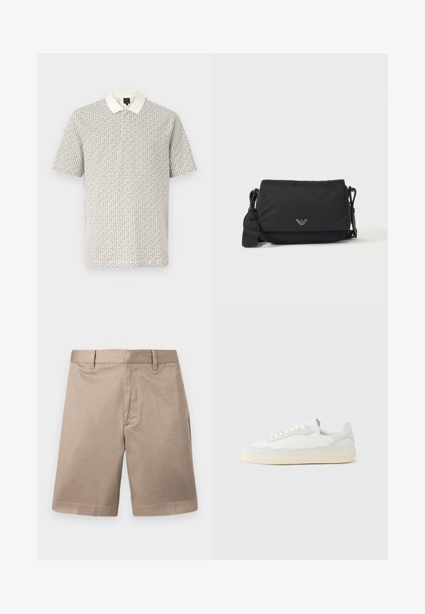Polo blanc à manches courtes pour homme avec un petit motif géométrique noir et un col blanc uni, présenté sur un fond uni.; Shorts chino beige jusqu'au genou avec passants pour ceinture, couture avant et taille ajustée, présentés sur un fond uni.; Baskets blanches avec dessus en daim et cuir texturé. Caractérisées par un bout arrondi, une fermeture à lacets et une semelle en caoutchouc beige contrastante.; Sac bandoulière noir avec sangle réglable et petit emblème logo argenté sur le rabat avant, présenté sur un fond clair uni.