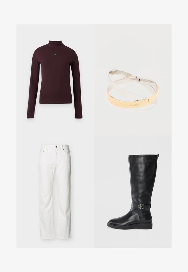 Bordeauxkleurige, langarmige coltrui met een geribbelde textuur en een klein logoplaatje op de borst. De pasvorm is slank en de stof oogt glad.; Witte jeans met rechte pijpen, voorzakken, riemlussen, knoopsluiting en zichtbare stiksels tegen een effen achtergrond.; Zwarte leren kniehoog laars met lage hak, ronde neus en een metalen "CK" logo gesp rond de enkel.; In elkaar grijpen gepolijste metalen armbanden in zilver- en goudtinten, waarvan er één is gegraveerd met het "Calvin Klein"-logo, op een witte achtergrond.