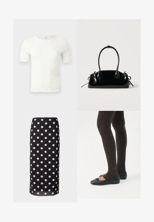 Witte, ribgebreide top met korte mouwen en geschulpte randen aan de mouwen en zoom, met een ronde halslijn.; Zwarte midi-rok met polka dots, gemaakt van luchtige stof met witte cirkelpatronen, voorzien van een aansluitende tailleband en een subtiele scalloped rand.; Benen met donkere geribbelde leggings gecombineerd met zwarte ballerina's met kleine strikdetails op een witte achtergrond.; Kleine zwarte glanzende handtas met twee lange hengsels en zijkant trekkoord details op een effen lichte achtergrond.