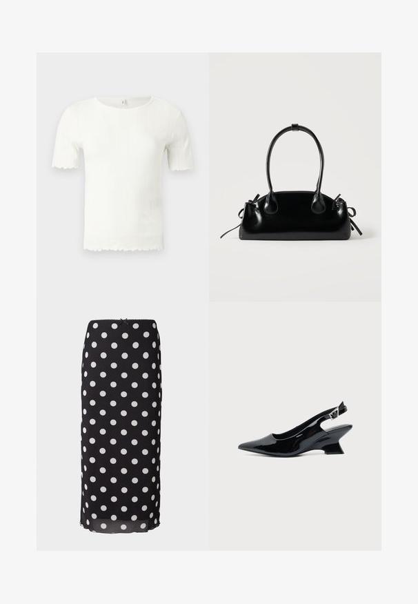 Hvid kortærmet ribstrikket top med bølgekant på ærmer og kant, med rund halsudskæring.; Sort midiskirt med prikket mønster lavet af letvægtsstof med hvide cirkulære mønstre, som har en tætsiddende talje og en subtil scalloped kant.; Sort laklæder slingback sko med spids tå og lav vinklet blokhæl på ensartet lys baggrund.; Lille sort blank håndtaske med to lange håndtag og snøre-detaljer i siden på en ensfarvet lys baggrund.